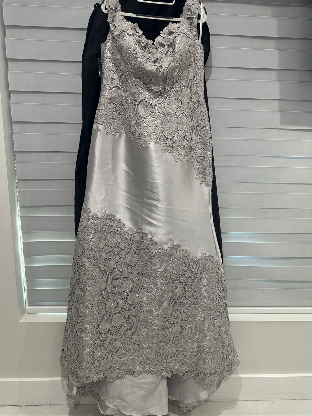Montage by Mon Cheri Silver Lace Satin Slip Gown